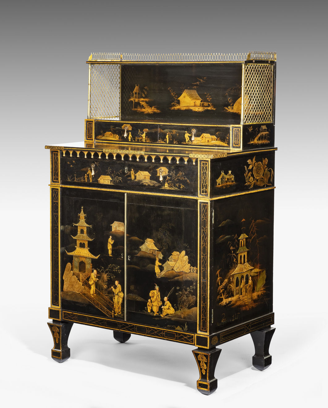Coulborn antique Regency Black and Gilt Japanned Secretaire Side Cabinet