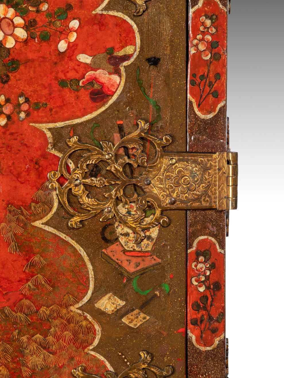 Late 17th Century Scarlet Japanned Cabinet on a later painted stand