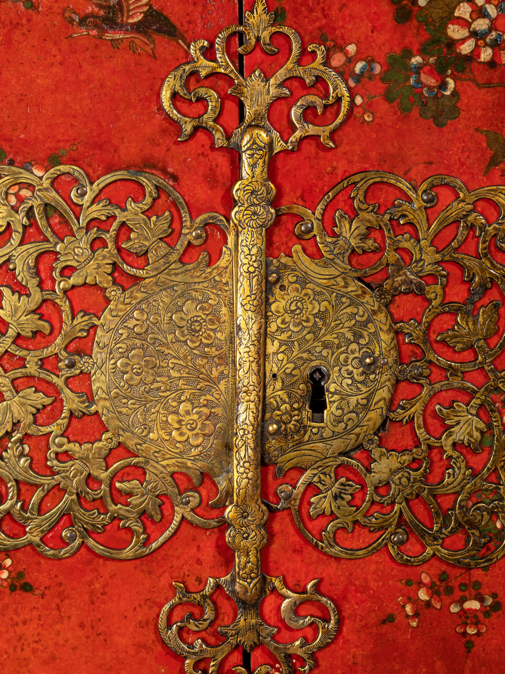 Late 17th Century Scarlet Japanned Cabinet on a later painted stand