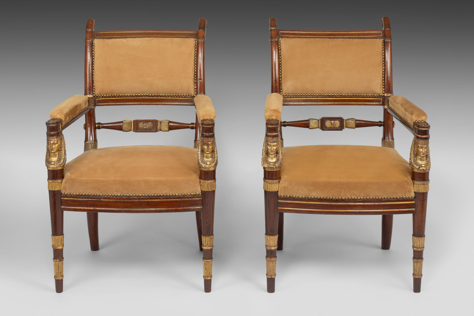 Pair of Regency Mahogany and Parcel Gilt Arm Chairs attributed to Morel & Hughes