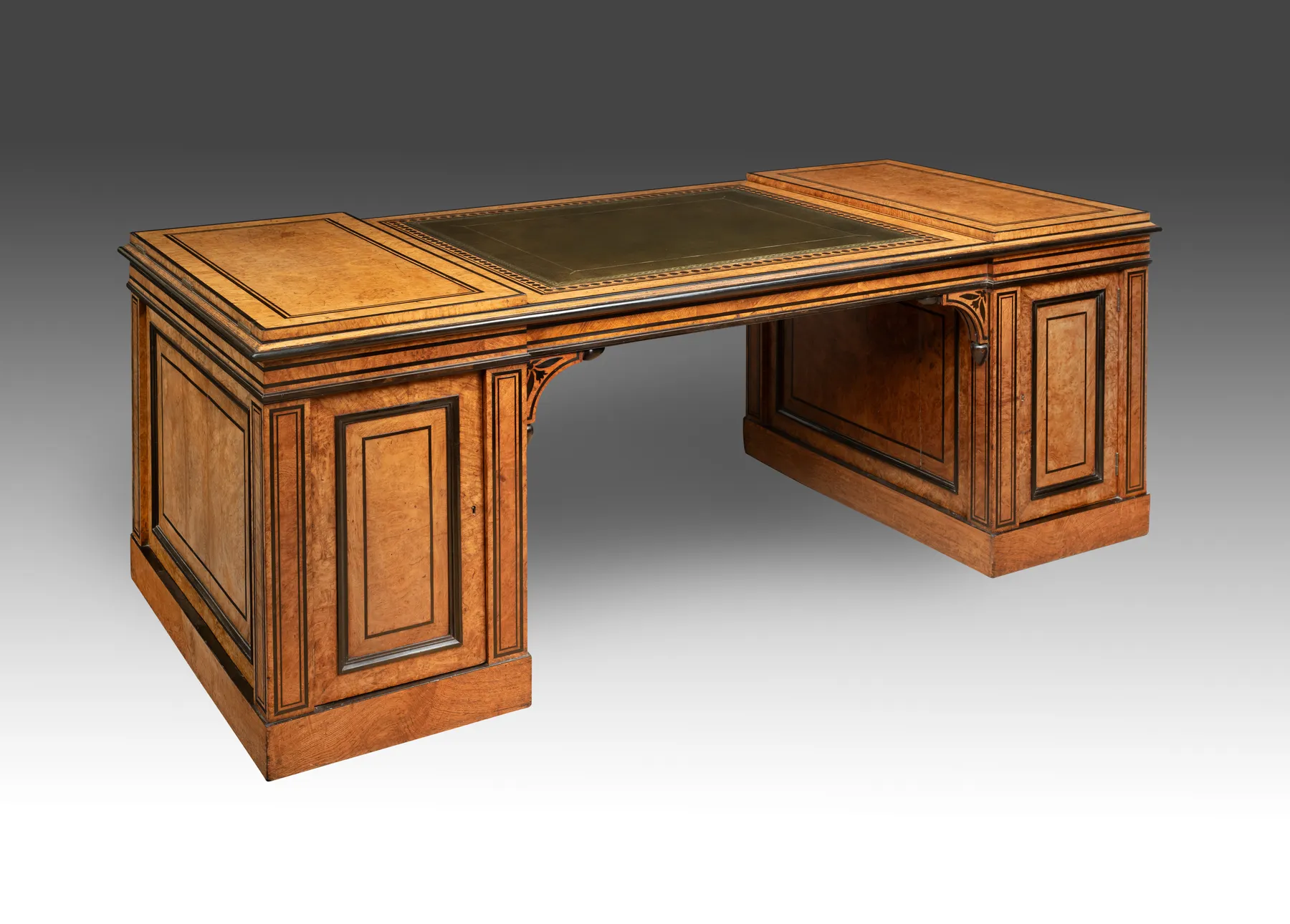 Regency Pollard Oak and Ebony Inlaid Partners Desk,