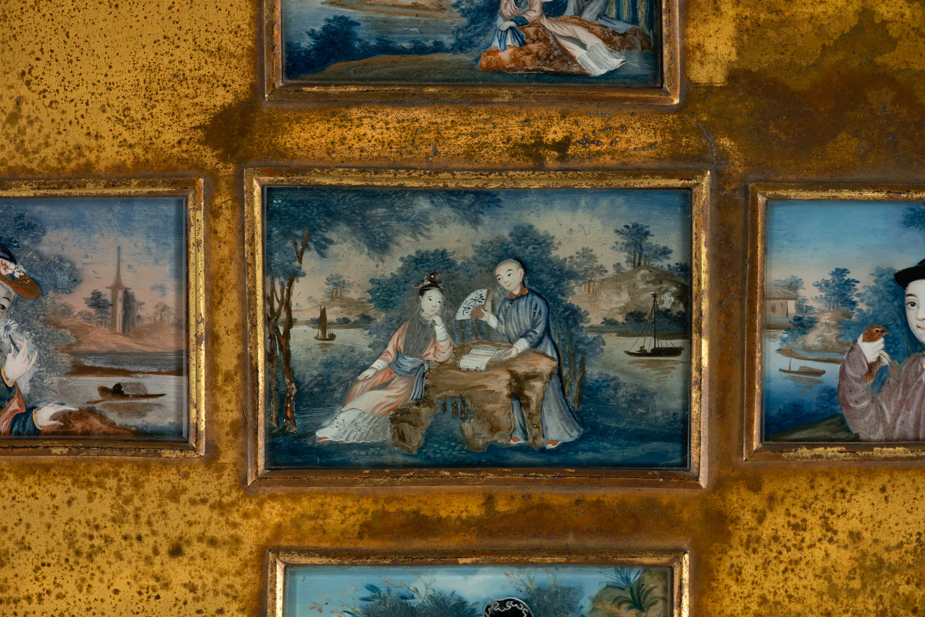 Collection of Ten Chinese Export reverse glass miniature paintings framed as a pair, circa 1790-1800