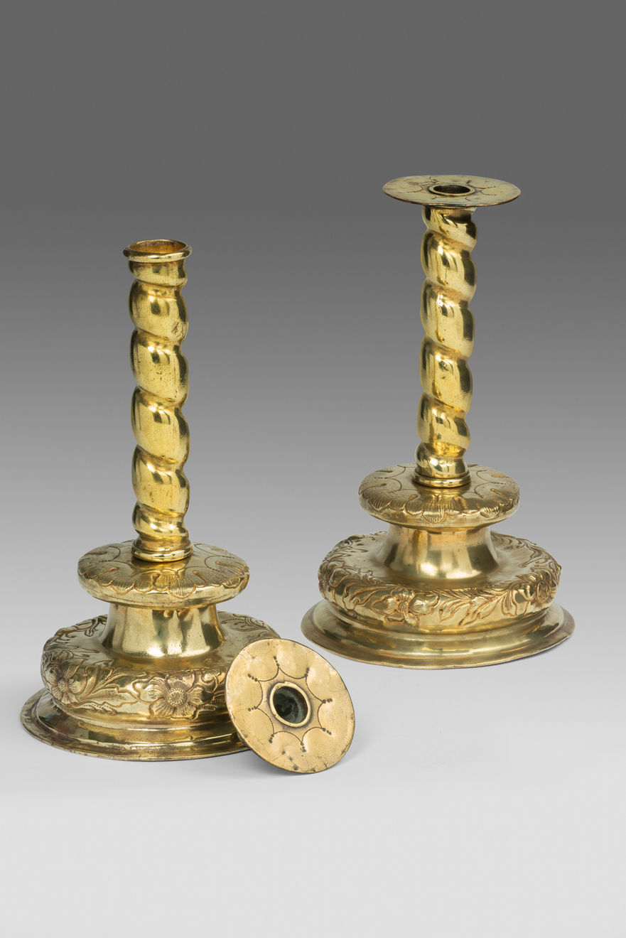 Pair of 17th Century Brass Repousse Candlesticks