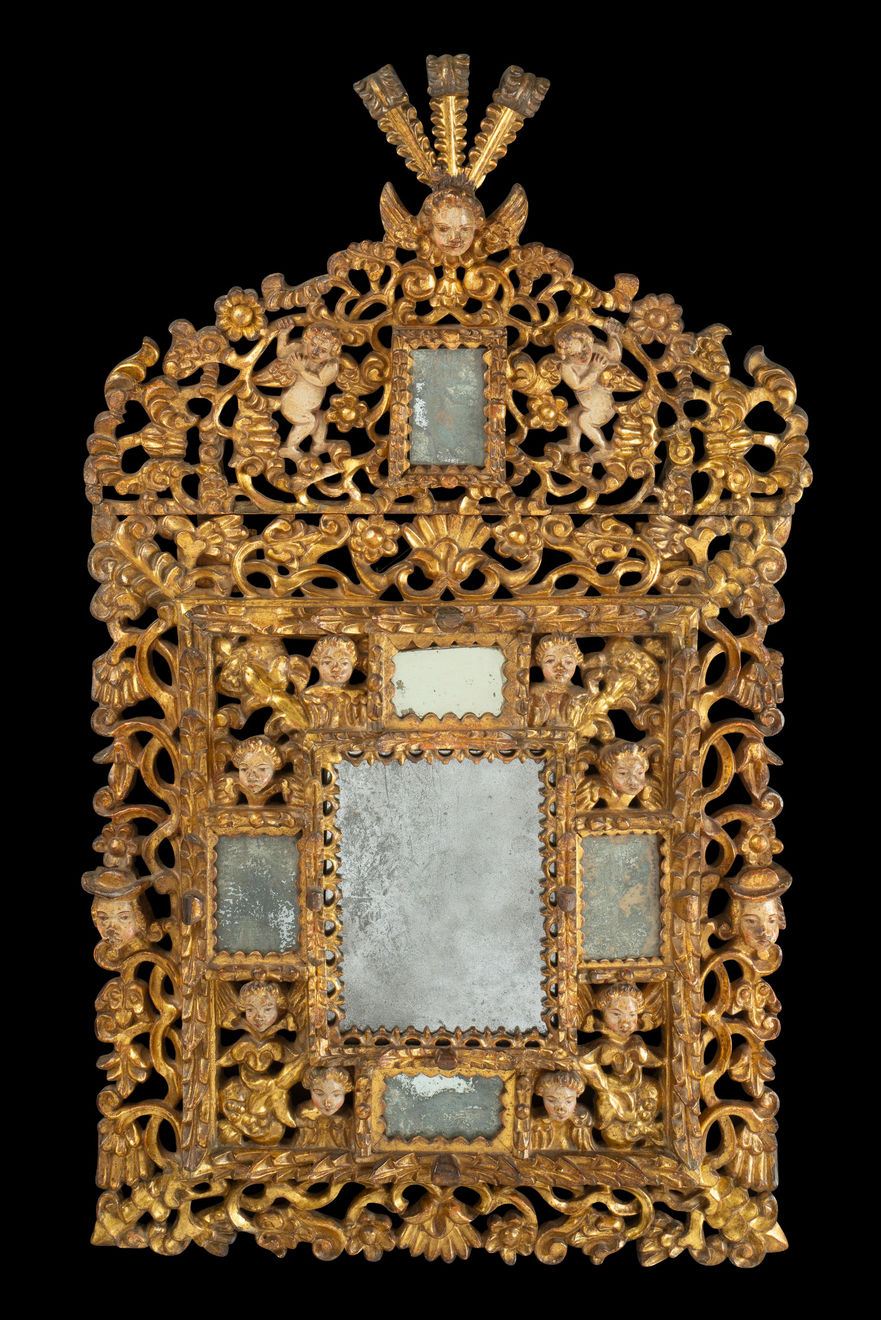 Pair of Spanish Colonial Carved Giltwood and Polychrome Baroque Frames