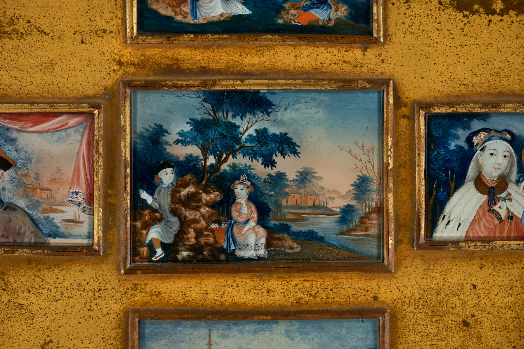 Collection of Ten Chinese Export reverse glass miniature paintings framed as a pair, circa 1790-1800