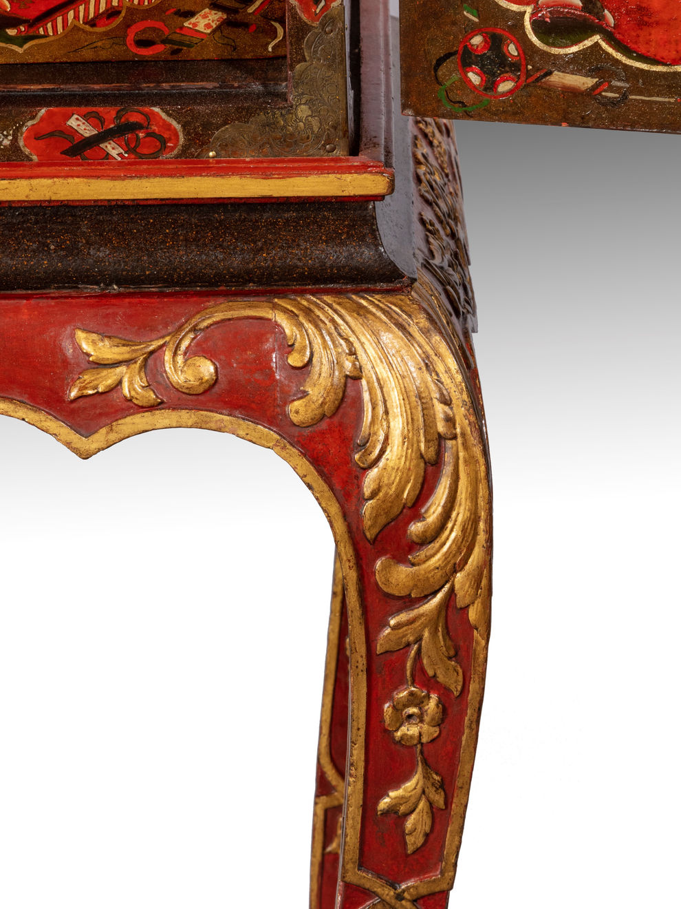 Late 17th Century Scarlet Japanned Cabinet on a later painted stand