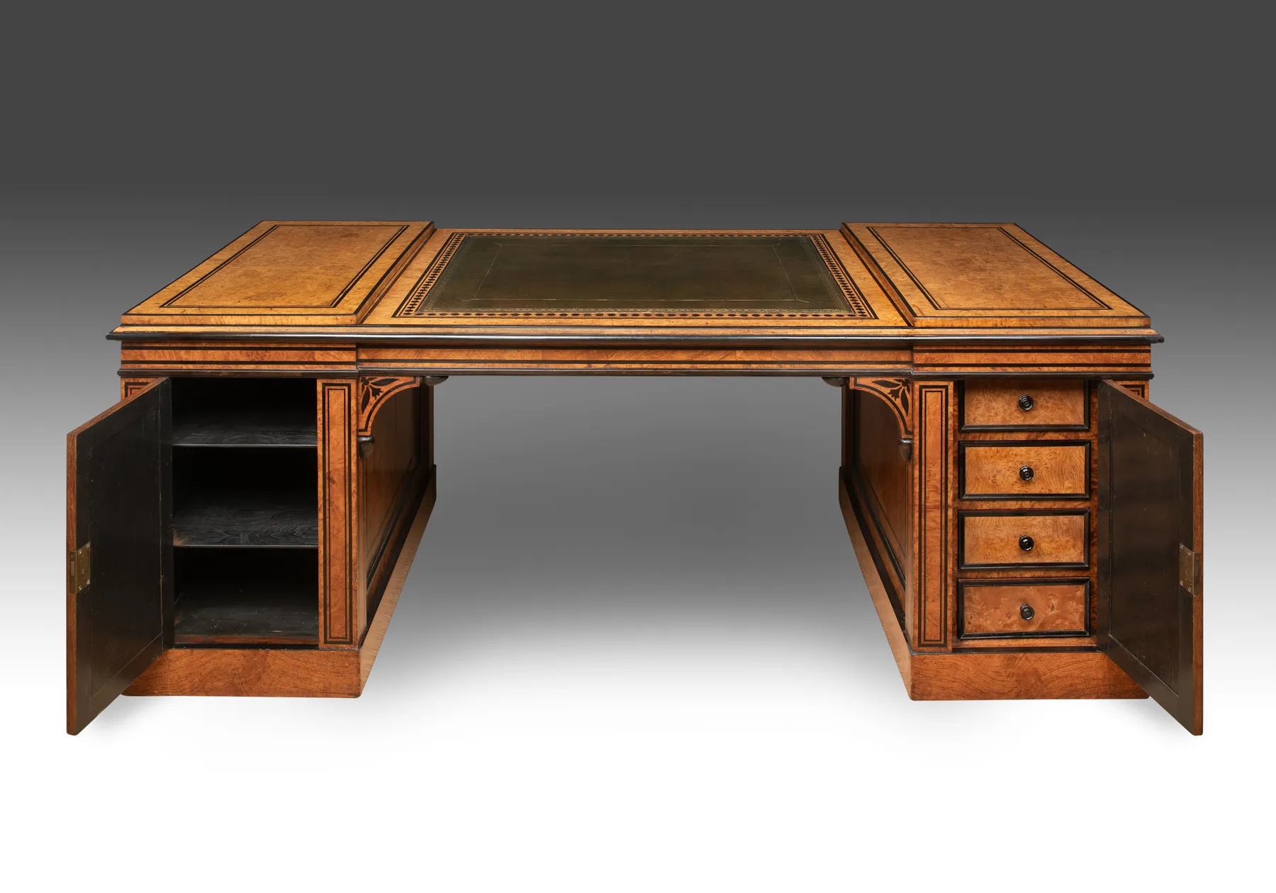 Regency Pollard Oak and Ebony Inlaid Partners Desk,