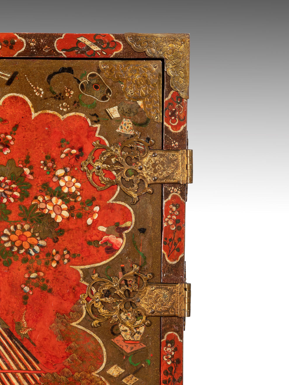 Late 17th Century Scarlet Japanned Cabinet on a later painted stand