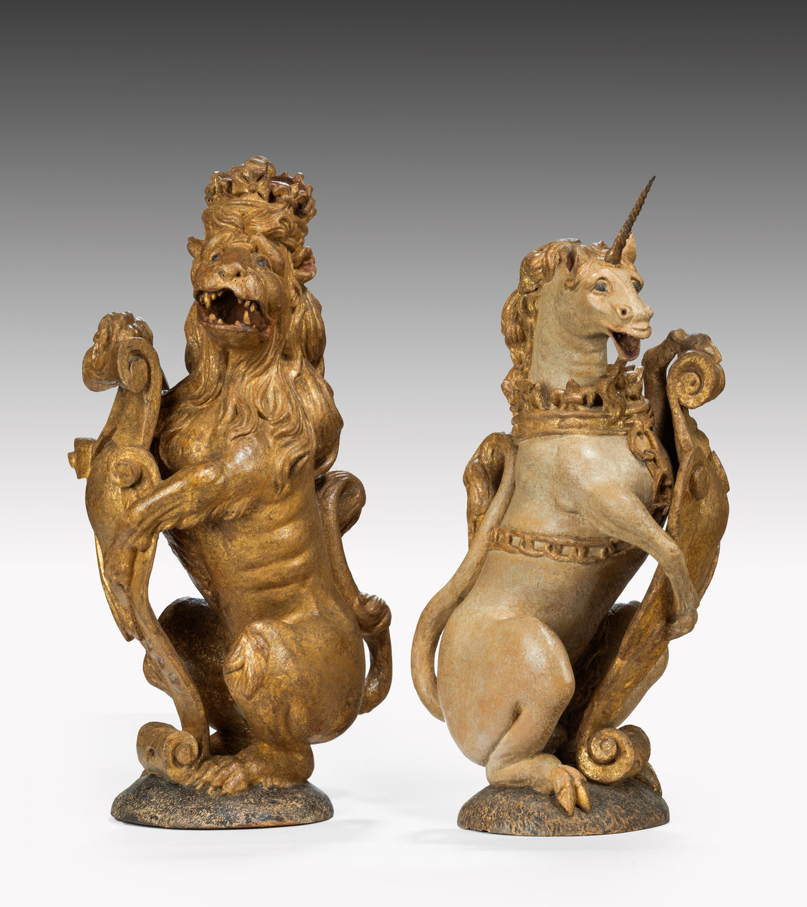 Coulborn antique James I Carved Oak Polychrome-decorated and Parcel-gilt Heraldic Supporters Lion Unicorn