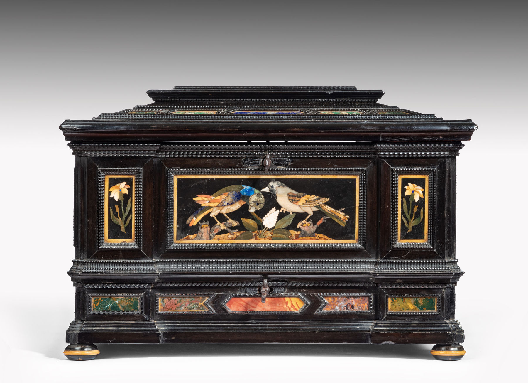 Coulborn antique Ebony Casket Mounted with Florentine Pietra Dura Panels and Specimen Marbles