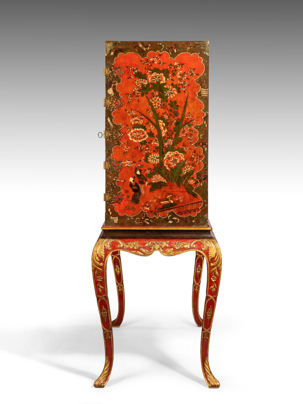 Late 17th Century Scarlet Japanned Cabinet on a later painted stand