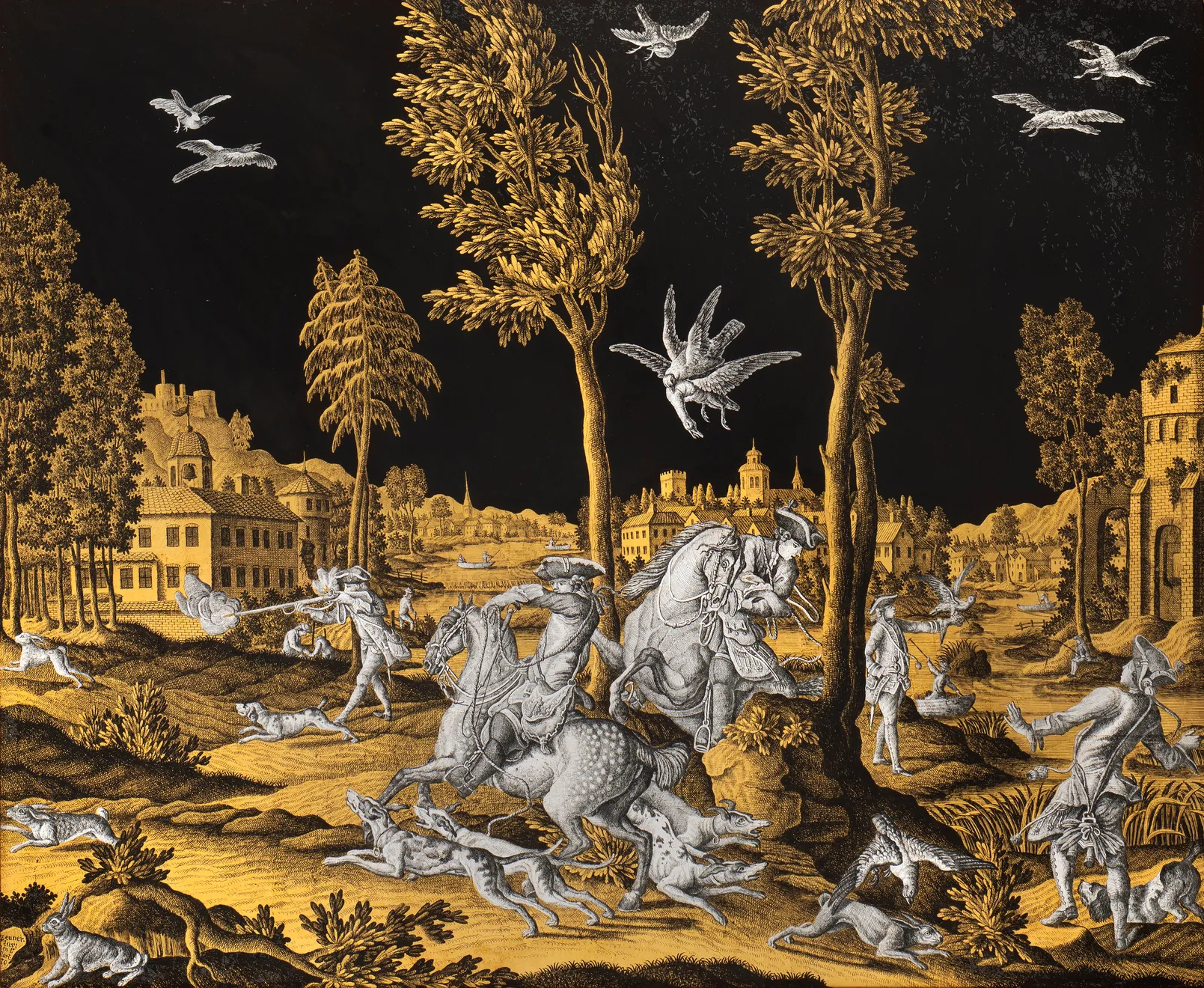 Jonas Zeuner (Kassel 1727-1814 Amsterdam), Verre Églomisé Gold and Silver Reverse Engraved Picture on Glass Depicting a Hunting Scene