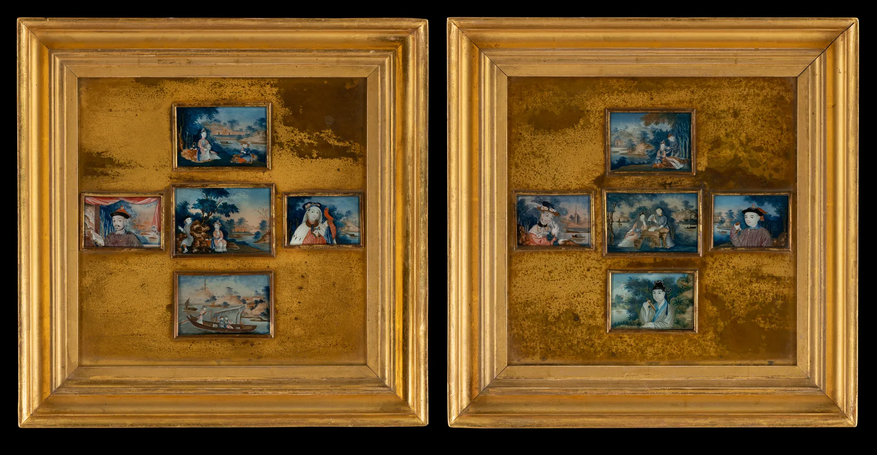 Collection of Ten Chinese Export reverse glass miniature paintings framed as a pair, circa 1790-1800