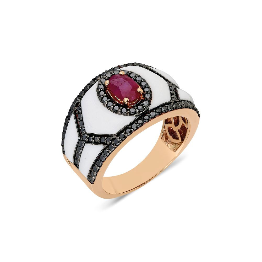 Terzihan, Fizzy: White Shield Ring W/black Diamonds&Ruby