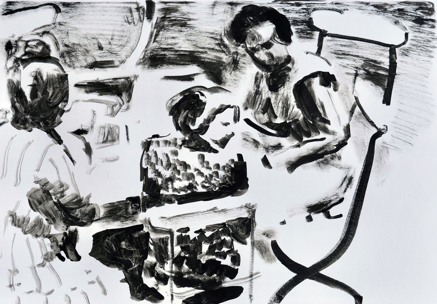 Tim Braden, ink on paper - three women sitting, 2019