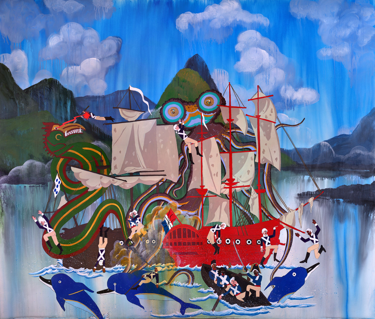 Umar Rashid, Life is just a party and parties weren’t meant to last. A Frenglish corvette engages with a Portuguese Frigate oof the coast of idyllic Aotearoa. Simultaneously, Te Wheke-a-Muturangi and a Manaia spring from the waters in the shadow of the mountain and the former attacks both ships, whilst the latter sets upon the frigate. The Frenglish manage to inflict heavy losses on the Portuguese and escape in a rowboat hoping they can return. 1799., 2023