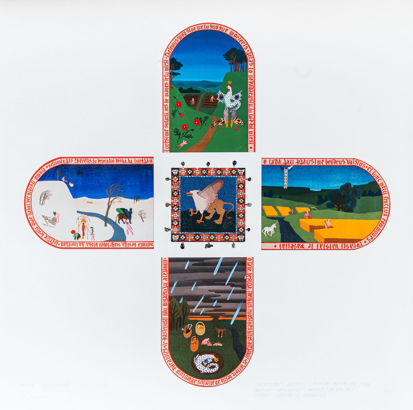 Monika Radžiūnaitė, Saugokitės bestijos atneša Apokalipsę / Cave bestiam – Apocalypsis afferte / Saugokitės žvėries – įeikite į Apokalipsę // Beware the beast – it brings the Apocalypse / Cave bestiam – Apocalypsis a erte / Beware the beast – enter the Apocalypse, riboto tiražo atspaudas / limited edition print, 2025