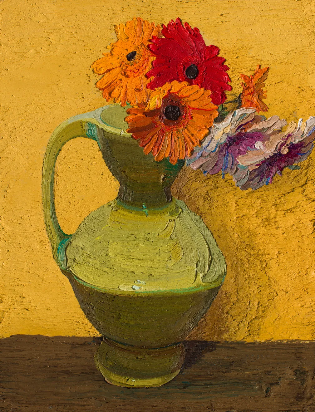 Javier Ruiz, Gerberas sobre un jarrón verde, 2026