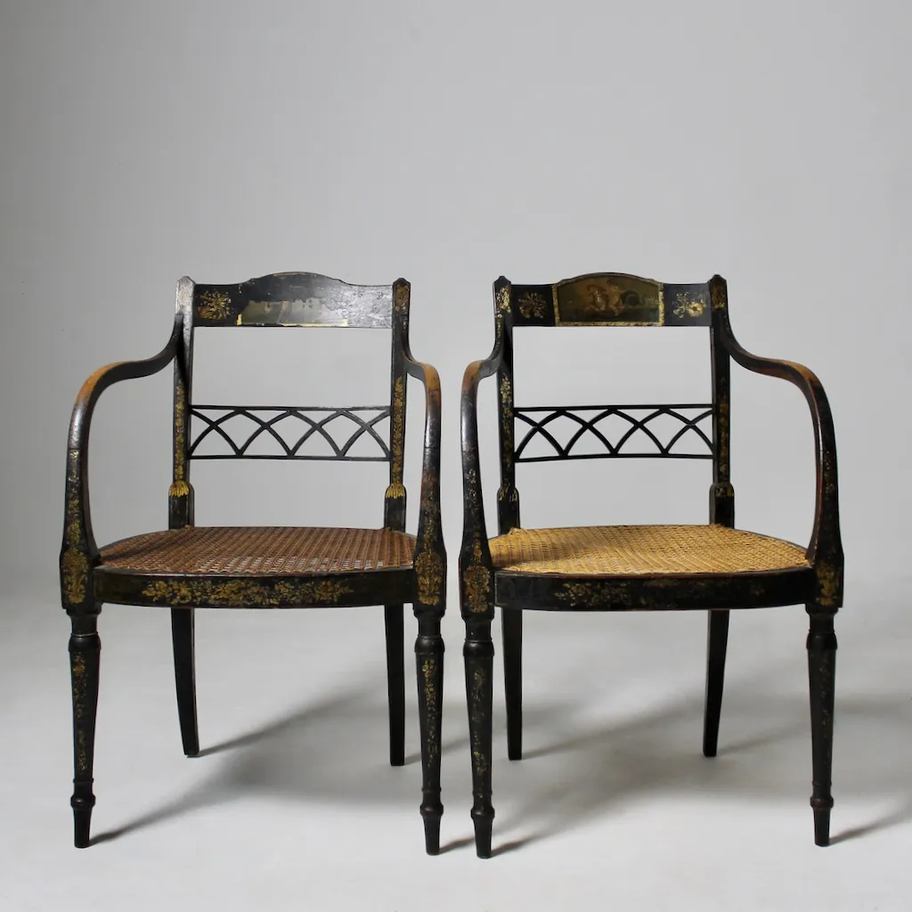 Fine Pair Of Regency Painted And Gilt Armchairs ( sold )