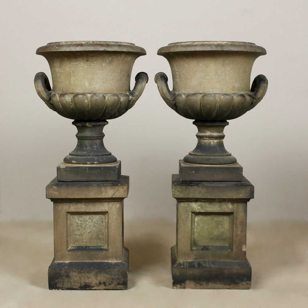 Rare Pair Of Pulhams Inverness Urns On Pedestals ( sold )
