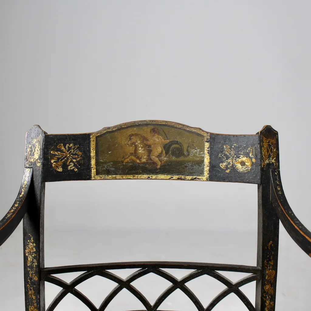 Fine Pair Of Regency Painted And Gilt Armchairs ( sold )