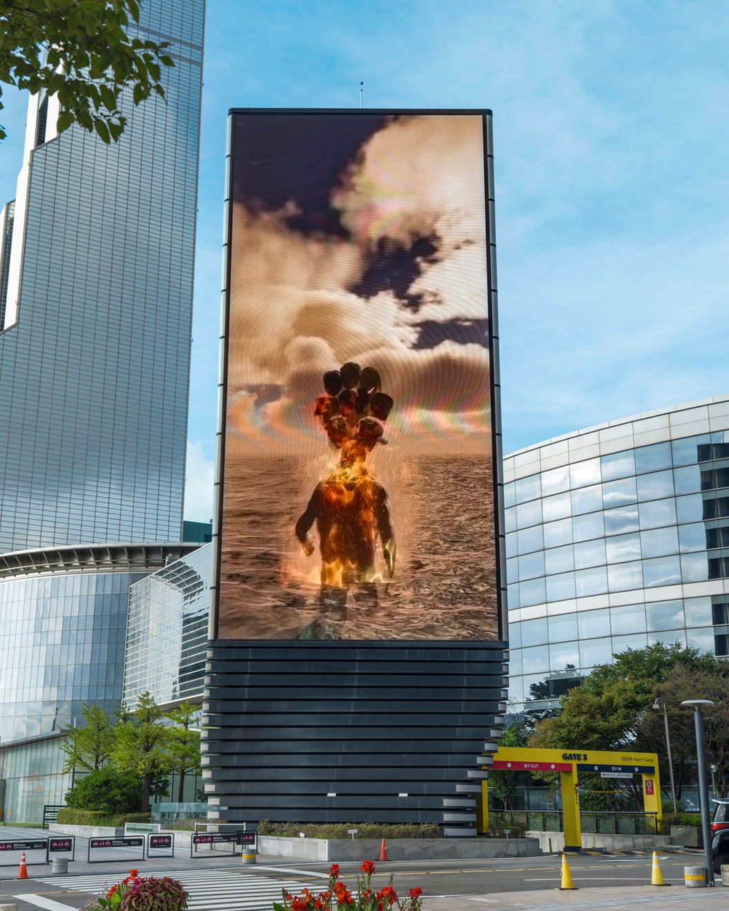 Installation view, The Eleven-Faced Traveller, media screens throughout COEX, 2025.