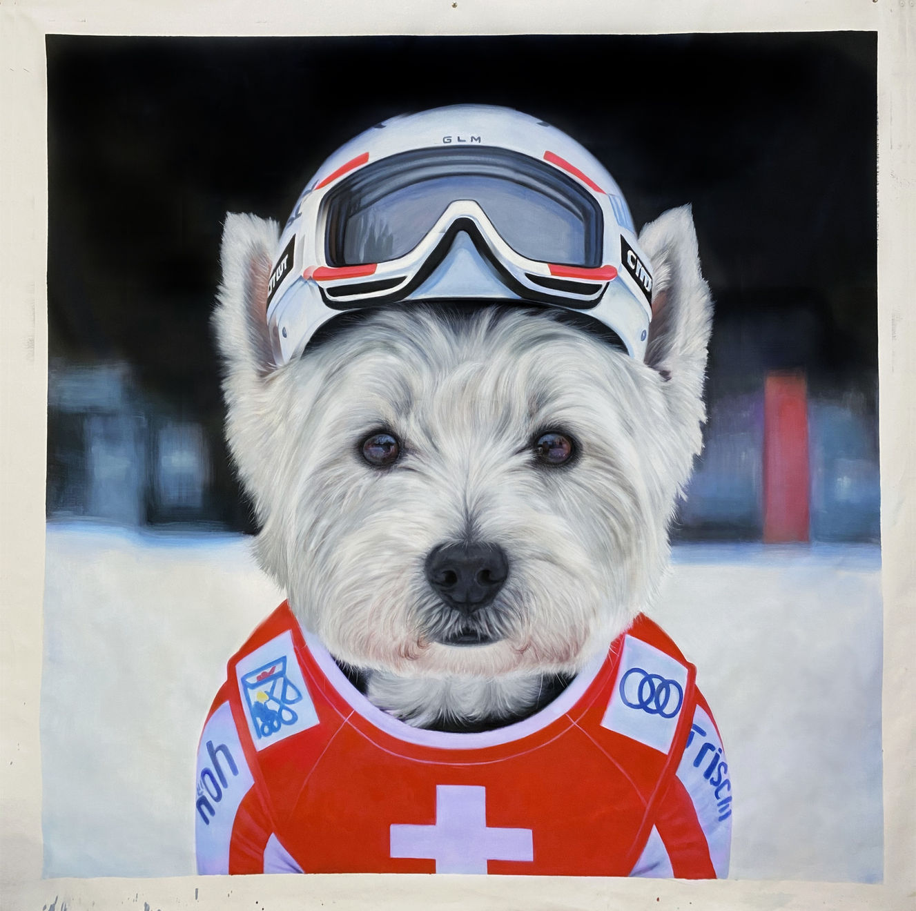Oil painting titled 'The F1 Racer Westie Terrier' a striking original oil on canvas