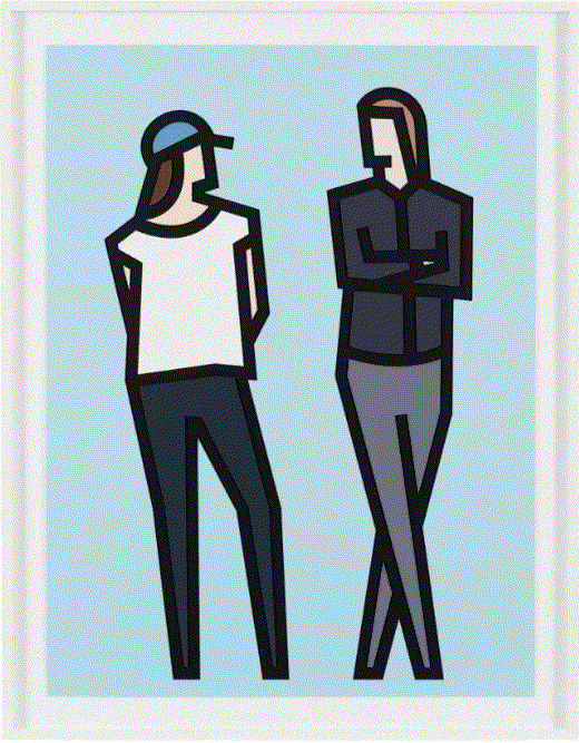 Julian Opie STANDING COUPLES, 2024 A series of six reliefs with collage on archival Museum Boards, presented in sprayed white frames specified by the artist 39 3/8 x 29 3/4 in 100.0 x 75.5 cm Edition of 50 Available at VFA