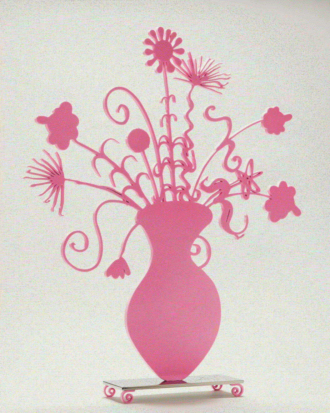Kenny Scharf FLORES (PINK), 2020 Shaped aluminum with black flock mounted to a polished stainless steel base with flocked feet 25 x 21 x 0 3/8 ins 63.5 x 53.34 x 0.97 cm Available at VFA