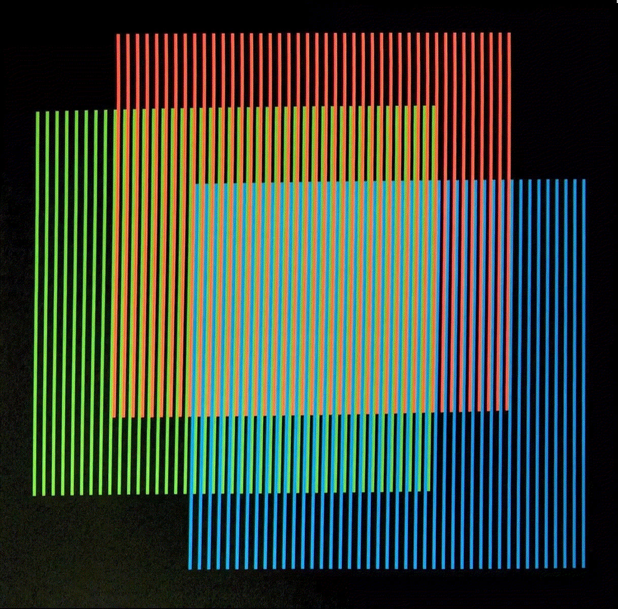 Carlos Cruz-Diez ADDITION CHROMATIQUE RGB SERIE SEMANA - LUNES, 2013, 2013 Lithograph 23 4/8 x 23 4/8 ins 60 x 60 cm Available at VFA