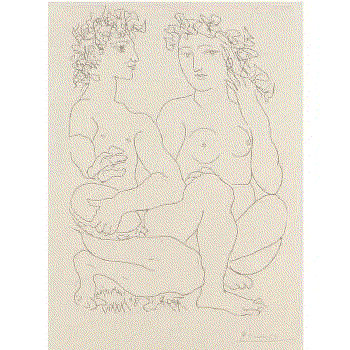 Pablo Picasso JEUNE COUPLE ACCROUPI, L'HOMME AVEC UN TAMBOURIN( FROM THE VOLLARD SUITE) Etching And Drypoint 10 6/8 x 7 6/8 ins 27.43 x 19.81 cm Available at VFA