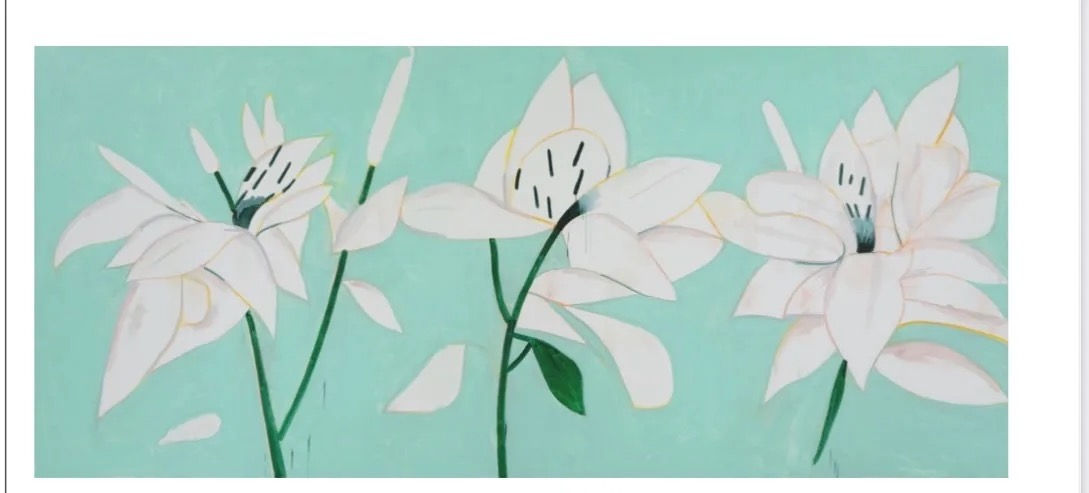 Alex Katz WHITE LILIES 6, 2025 Silkscreen in colors on Saunders Waterford High White HP 425 gsm 42 1/2 x 96 in 108 x 243.8 cm Edition of 50 Available at VFA
