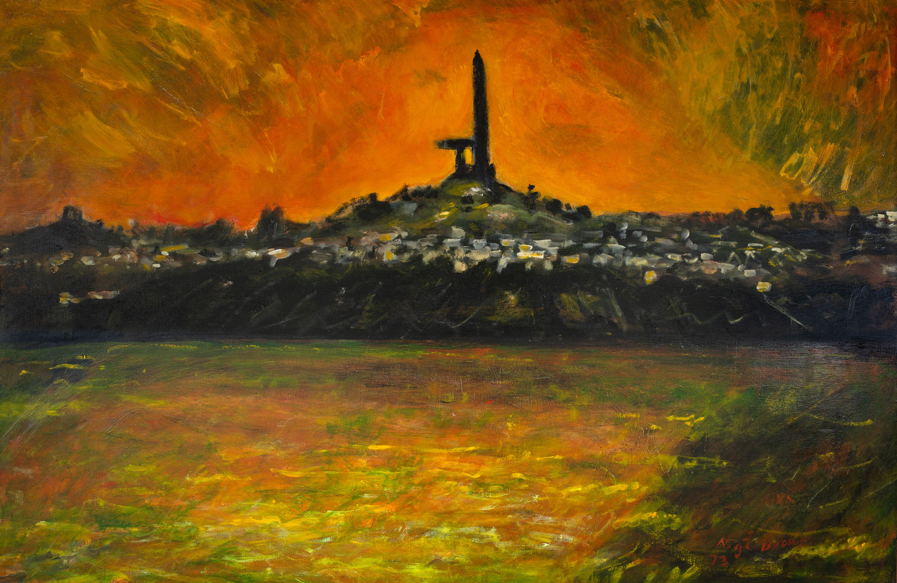 Nigel Brown, One Tree Hill Across the Manukau Orange Version 1973, 1973