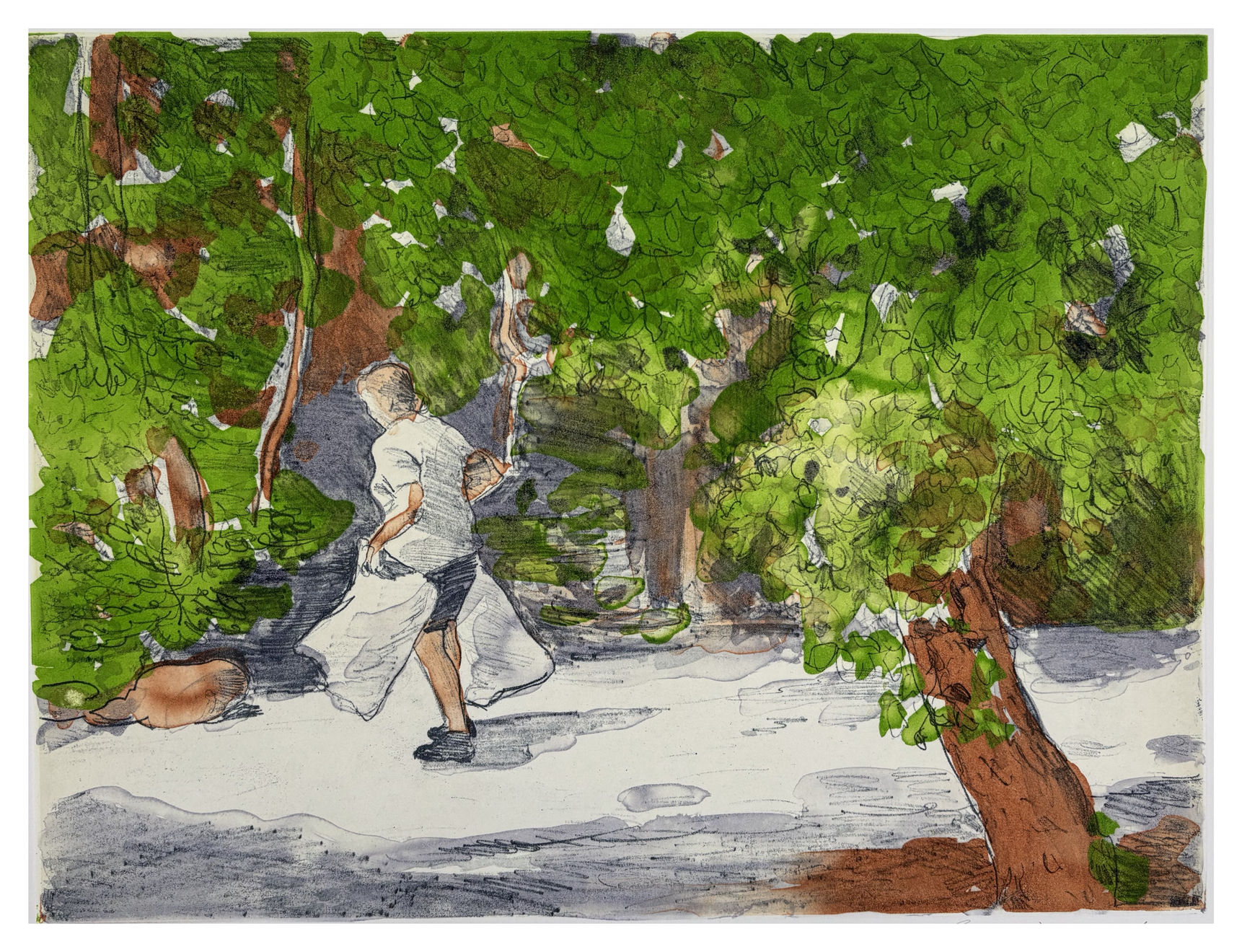 Changeover Day, 2025, Soft ground etching with handcolouring, 46.5 x 55.5 cm