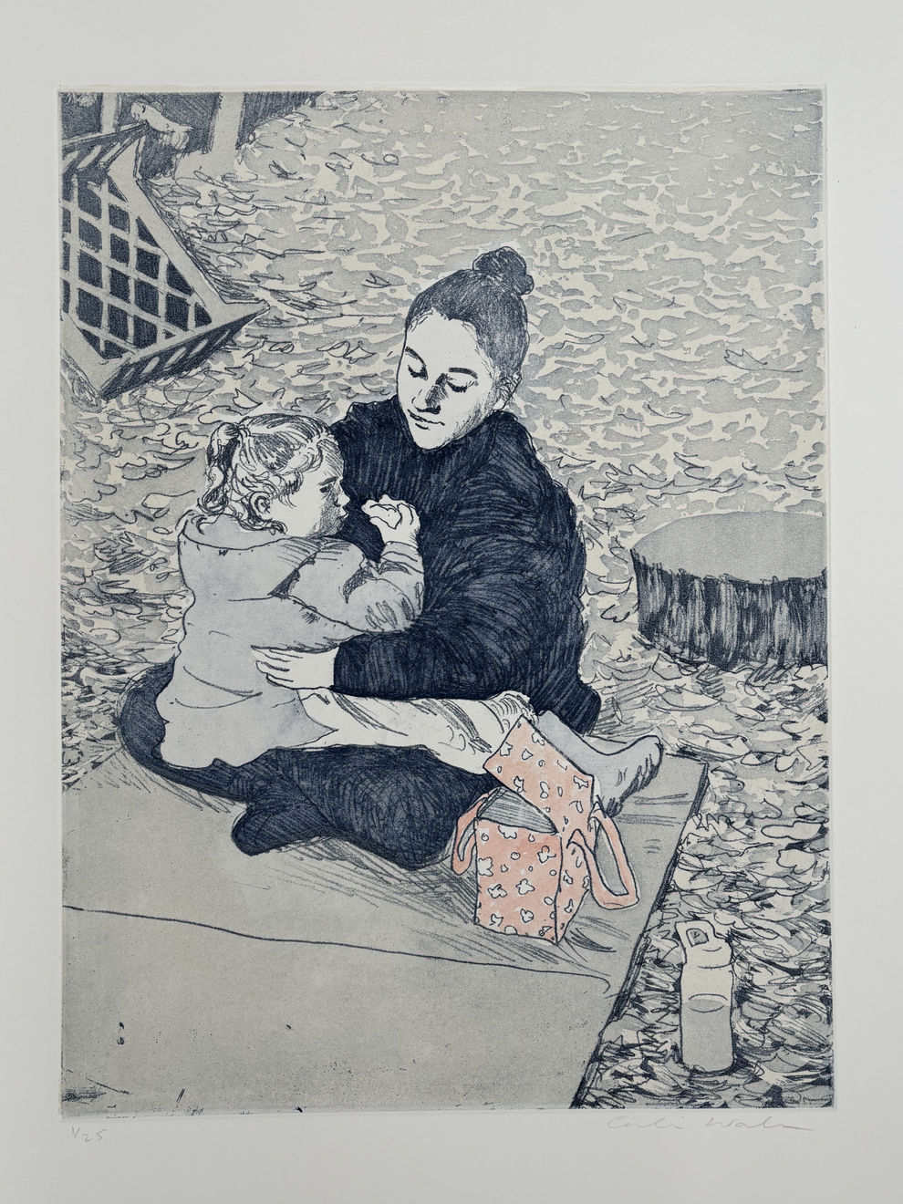 Comforted, 2025, Soft ground etching with handcolouring, 56 x 45 cm