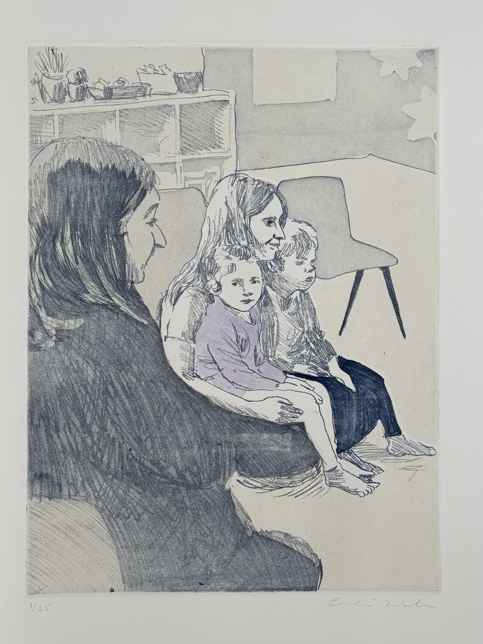 Settled, 2025, Soft ground etching with handcolouring, 56 x 45 cm