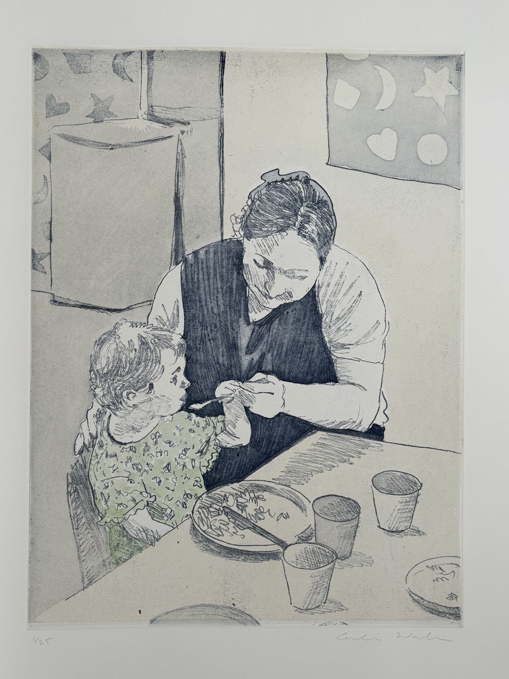 Spoon Fed, 2025, Soft ground etching with handcolouring, 56 x 45 cm