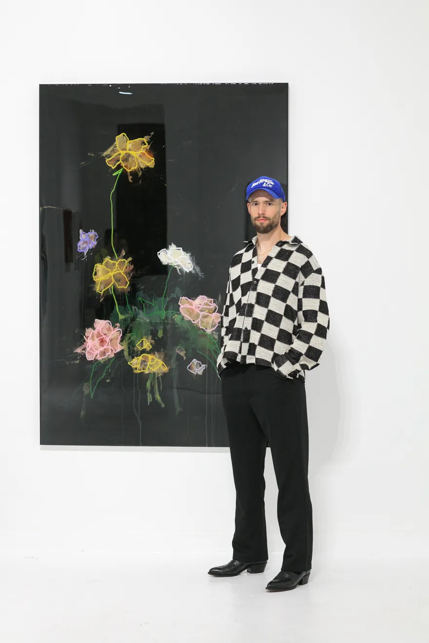 Artist Sage Barnes infront of "Reflection 4" (2024)