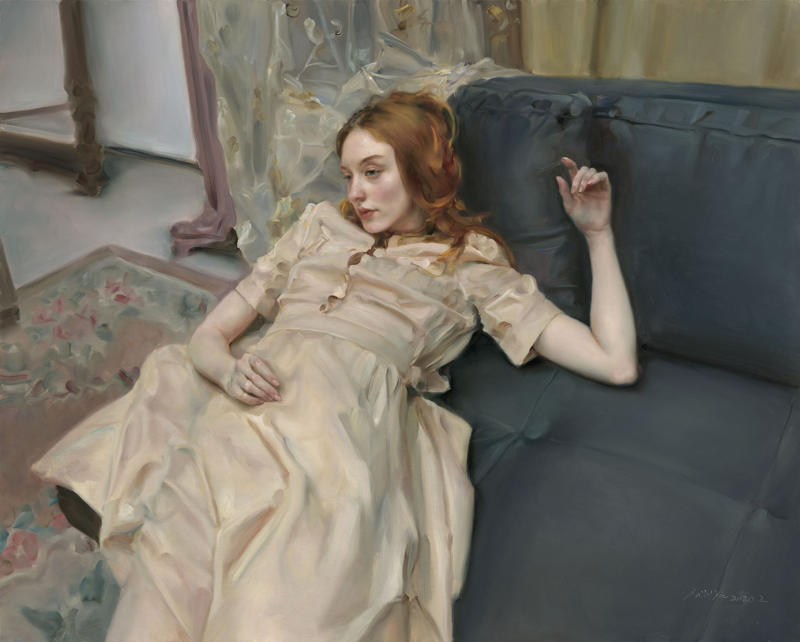 庞茂琨，斜倚的妮娜，布面油画，120 × 150 cm，2020 Pang Maokun, Nina Leaning, Oil on canvas, 120 × 150 cm, 2020