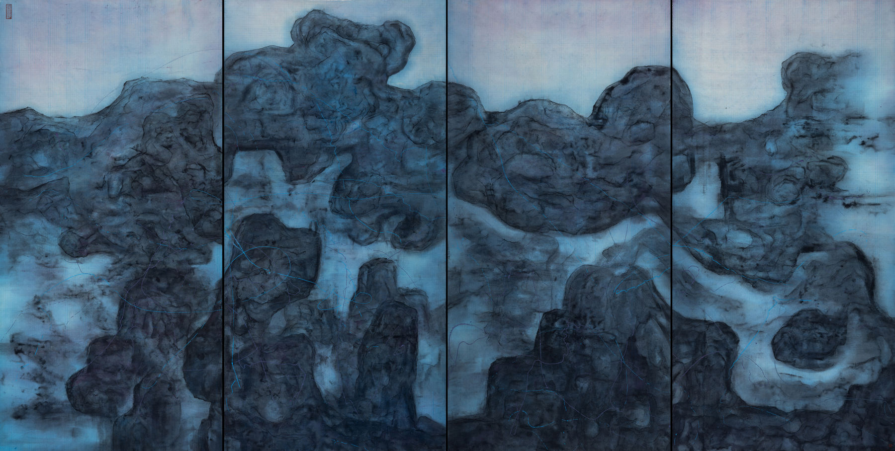 王绍强，山林丘壑，纸本水墨，250 × 123 cm × 4，2023 Wang Shaoqiang, Woods and Valleys, Ink on paper, 250 × 123 cm × 4, 2023