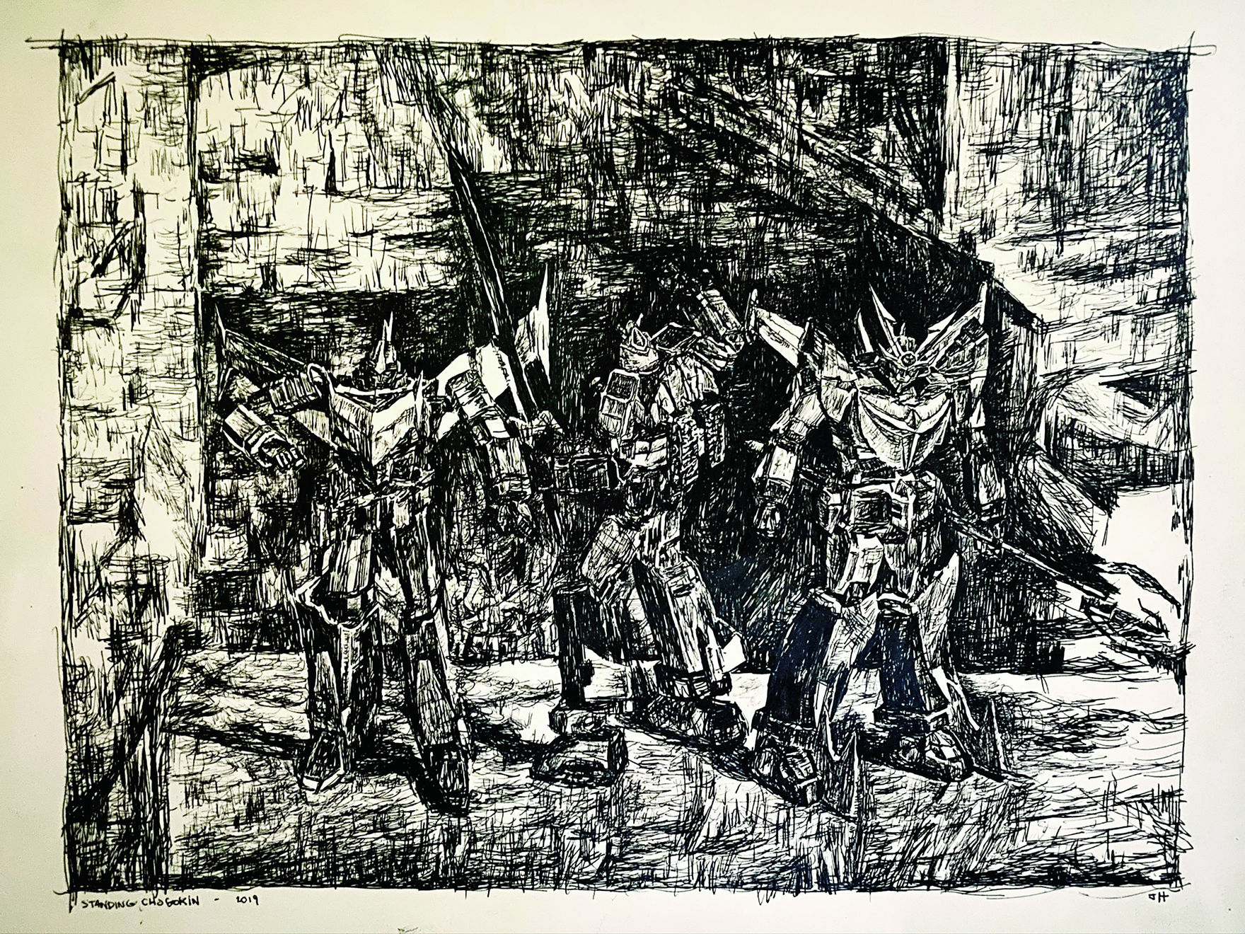 Jonathan Harkham, Ink Study for Three Chogokin #2, 2019