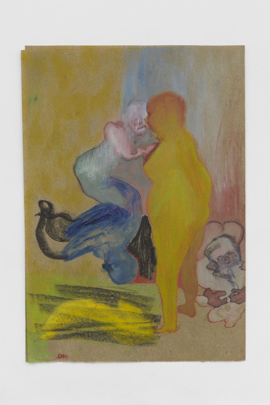 Summons in Yellow, 2021, Oil pastel, oil paint, oil primed sugar paper, 16 1/2 x 11 3/4 in