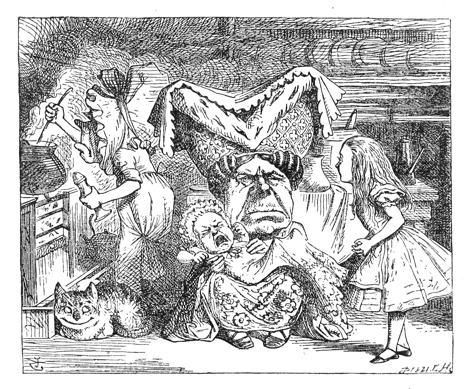 John Tenniel, The Duchess was sitting on a three-legged stool in the middle, nursing a baby...