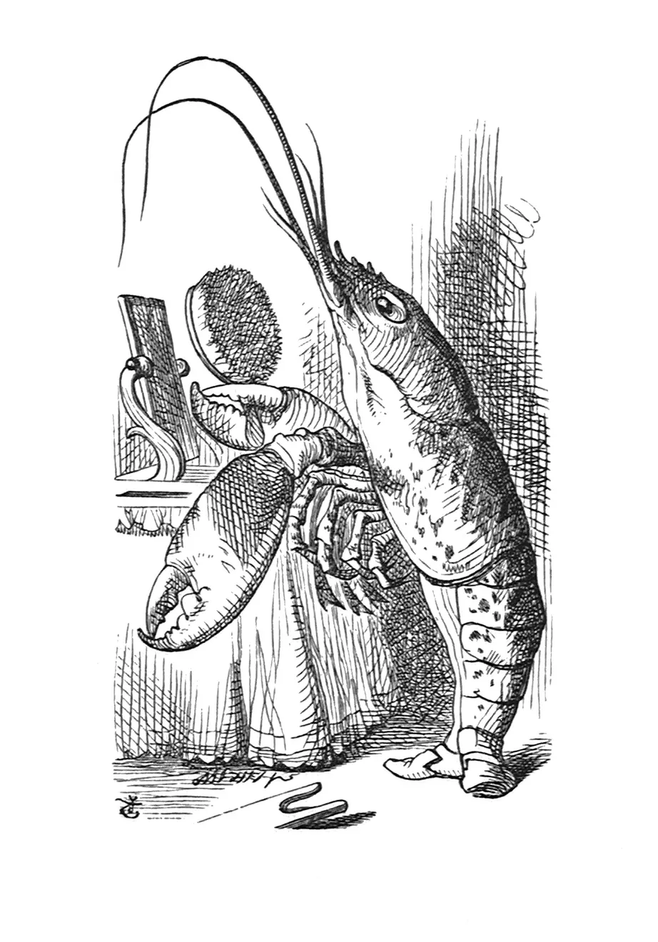 John Tenniel, As a duck with its eyelids, so he with his nose trims his belt and his buttons, and turns out his toes...