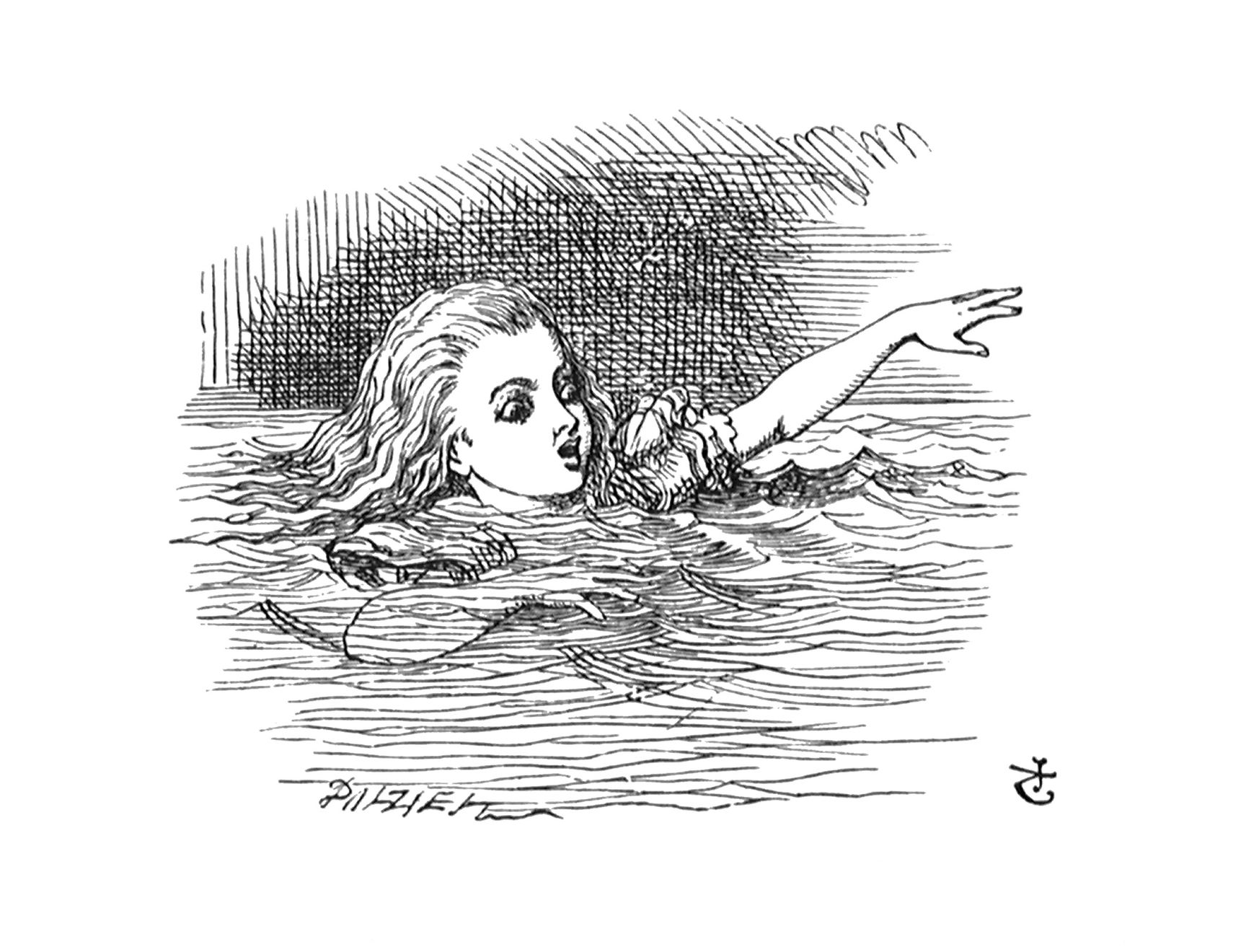 John Tenniel, As she said these words her foot slipped, and in another moment, splash! She was up to her chin in salt water...