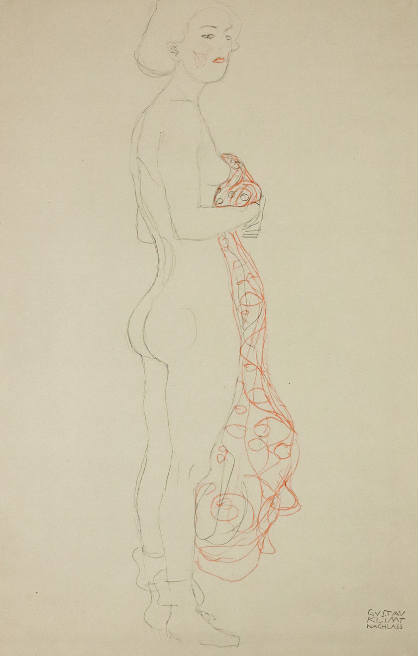 Gustav Klimt, Nude, Standing, with Cloth (tinted red), 1919
