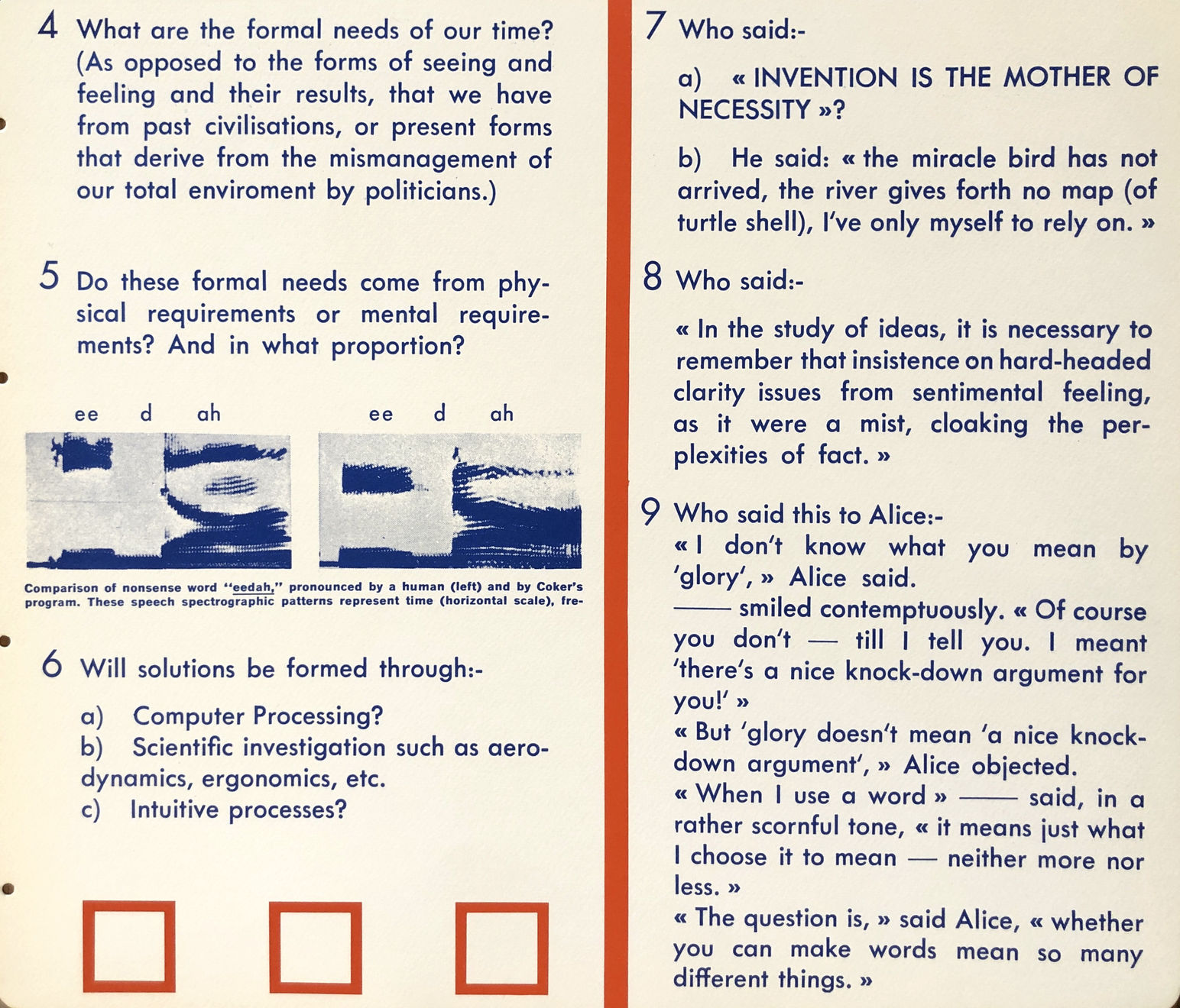 Joe Tilson, Software Chart Questionnaire - ‘4. What are the formal needs of our time? Questions 5., 6., 7., 8., and 9.’, 1968