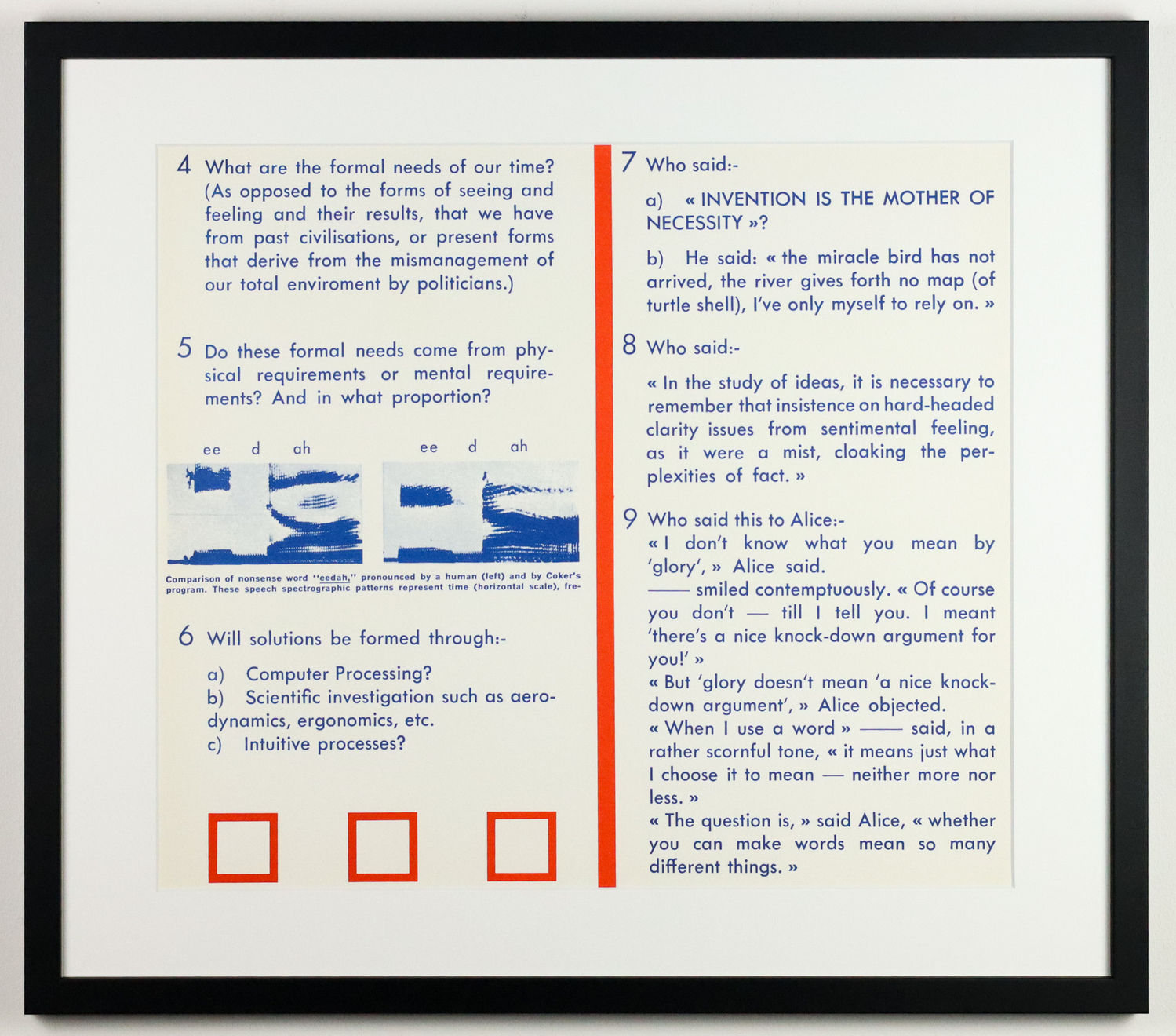 Joe Tilson, Software Chart Questionnaire - ‘4. What are the formal needs of our time? Questions 5., 6., 7., 8., and 9.’, 1968