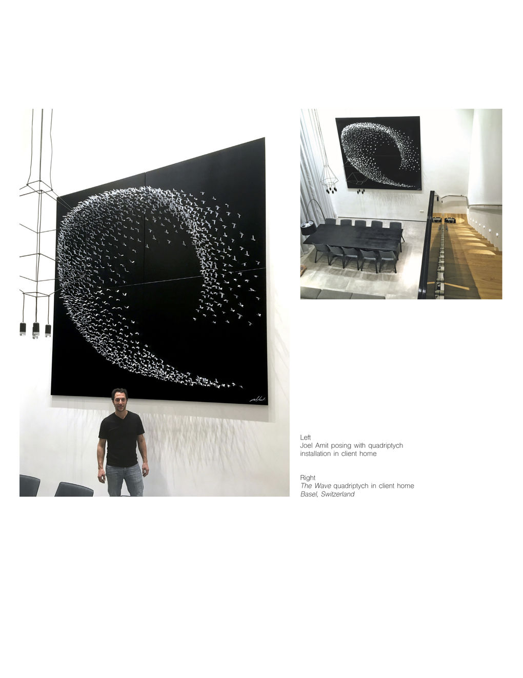 Joel Amit posing with quadriptych installation in client home Basel, Switzerland