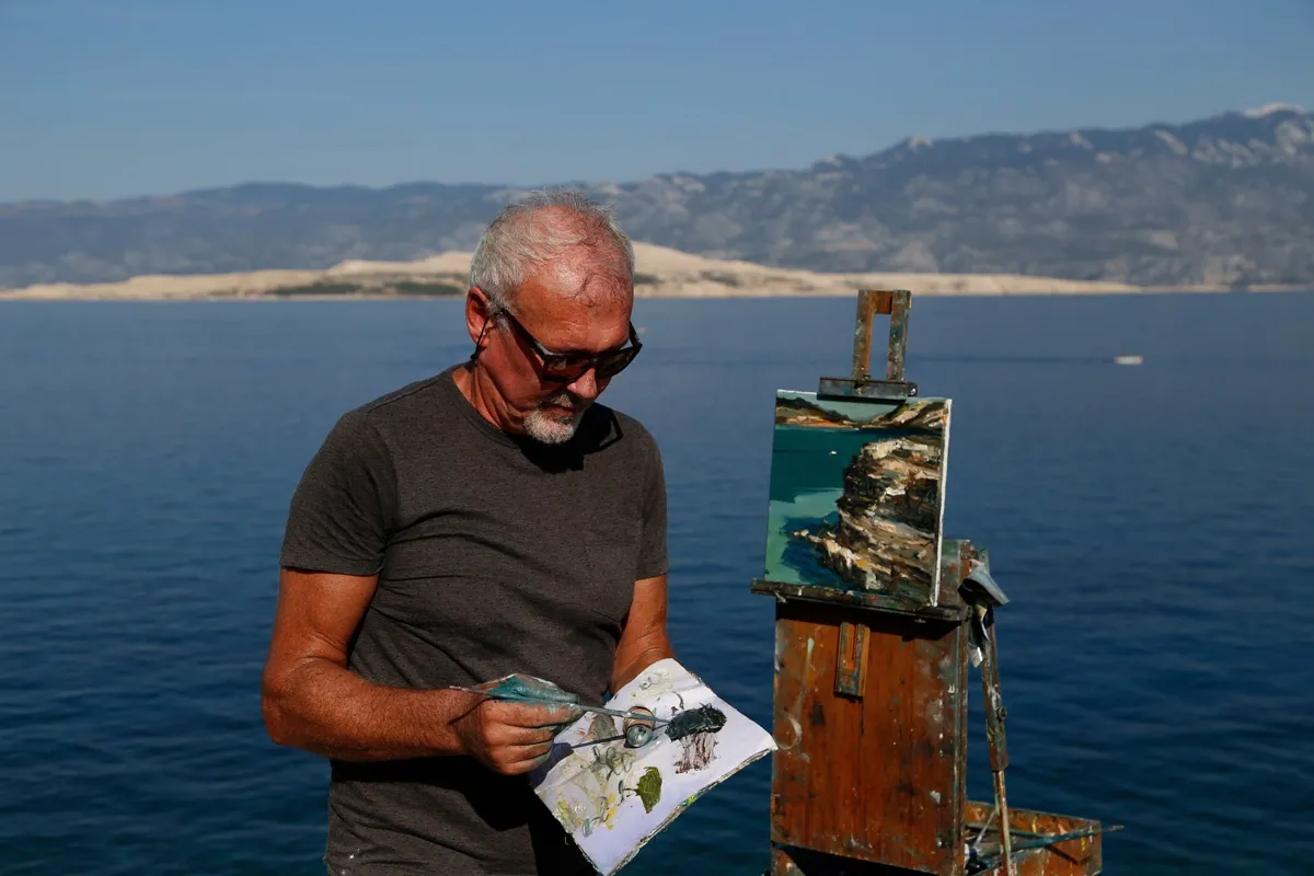 Gerard Byrne plein air painting 'Croatian Sandstone Rocks II' Lopar peninsula Rab island Croatia photo credit Agata Byrne